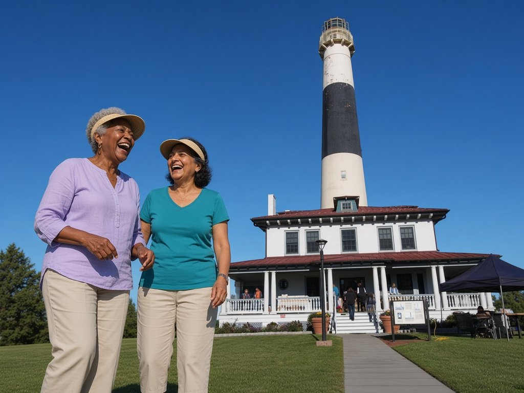 Two older women in a lavender blouse and a teal t-shirt laugh together on the lawn in front of the black-and-white Absecon Lighthouse and its keeper's house in Atlantic City