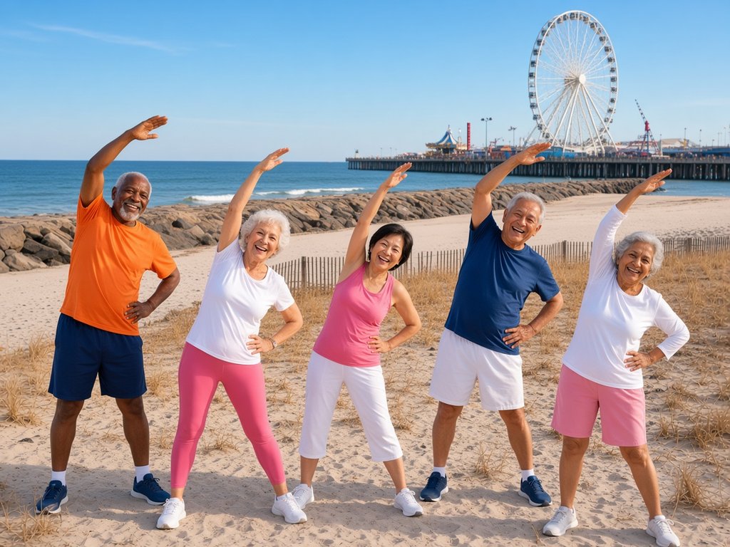 Five smiling older adults in orange, white, pink and navy stretch with arms raised on the Atlantic City beach near a rock jetty, with Steel Pier and its observation wheel behind them