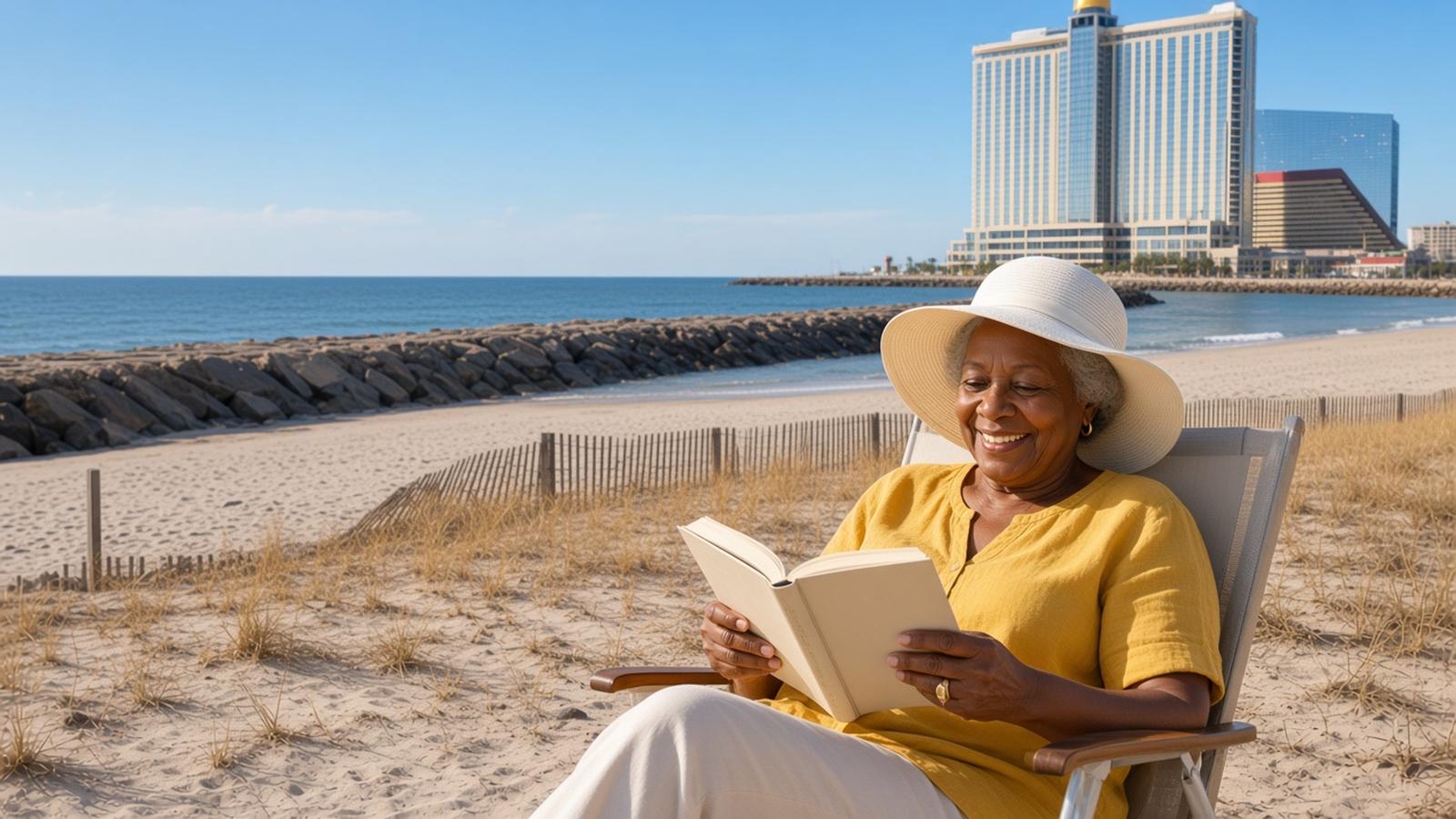 A smiling older woman in a mustard yellow top and white sun hat reads a book in a beach chair on the Atlantic City sand, with a rock jetty and hotel towers behind her